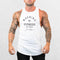 Front view of the Machine Fitness Bodybuilding Tank Top in white, emphasizing the modern style and lightweight build on a model.