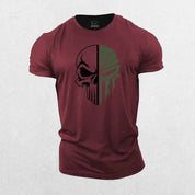 Close-up of Maroon GPW Mens Short Sleeve 2D Skull Cotton T-Shirt For Gym And Casual Style in a studio background