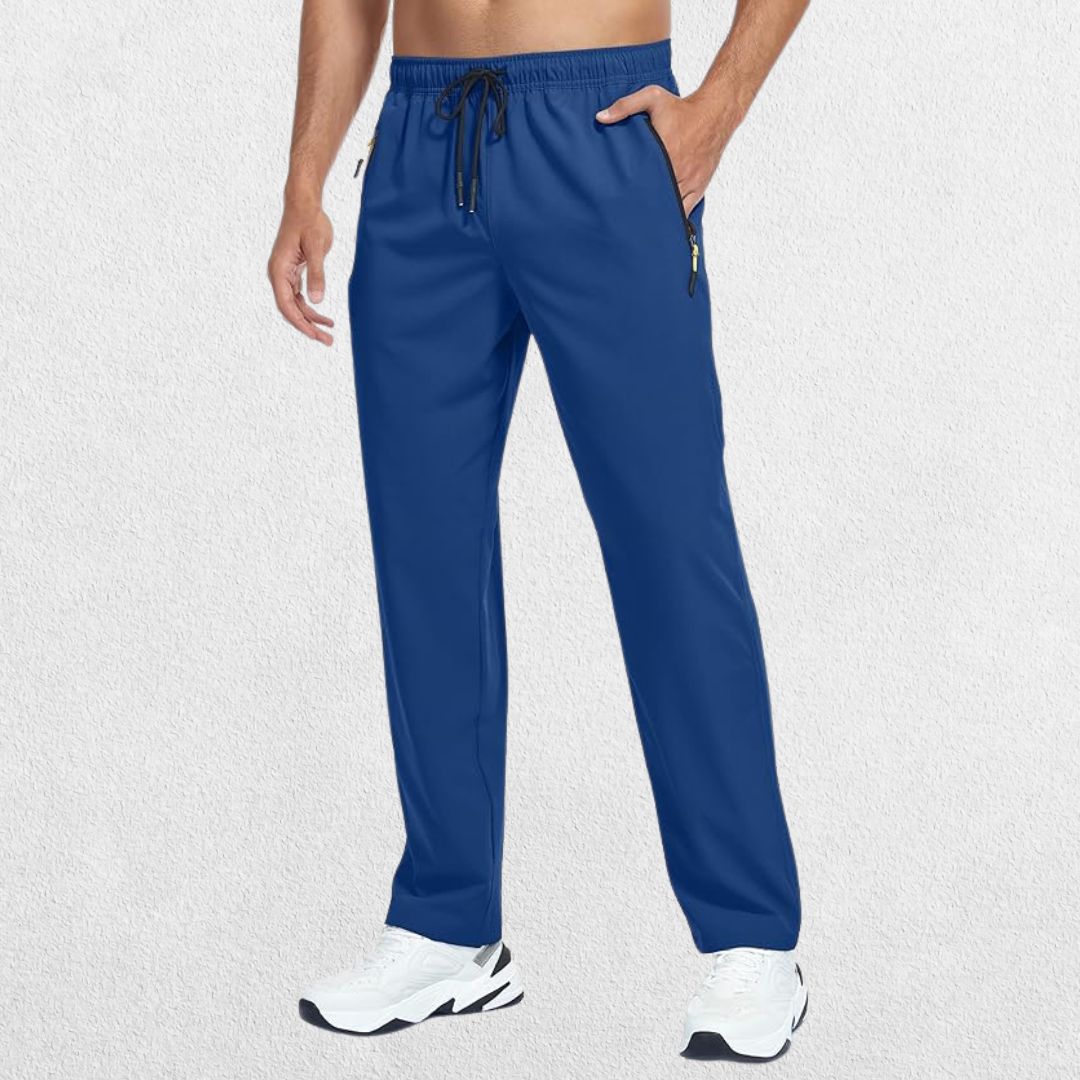 Studio image of men's blue hiking trousers with a quick-dry and lightweight design