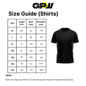 Size guide for shirts with a black t-shirt on a white background and GPW logo.