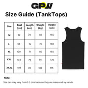 Size chart for Men’s Slim-Fit Ribbed Muscle Vest, detailing measurements for chest, waist, and length to help select the perfect fit.