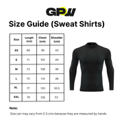 Size guide for sweat shirts with a black long-sleeve shirt on a white background