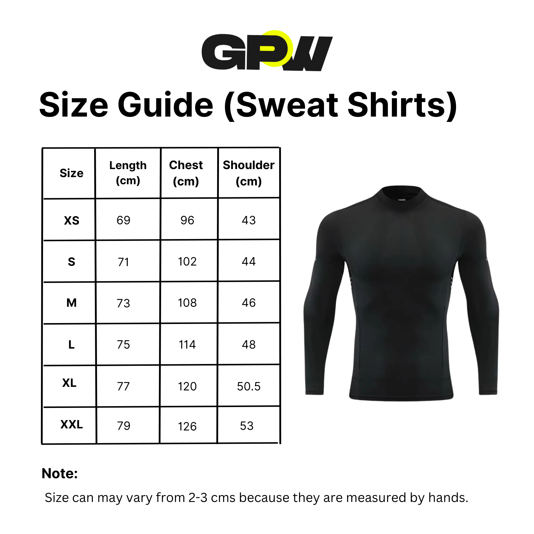 Size guide for sweat shirts with a black long-sleeve shirt on a white background