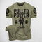 Militery Green Motivational gym shirt with "PULL TO POWER" design in a studio background