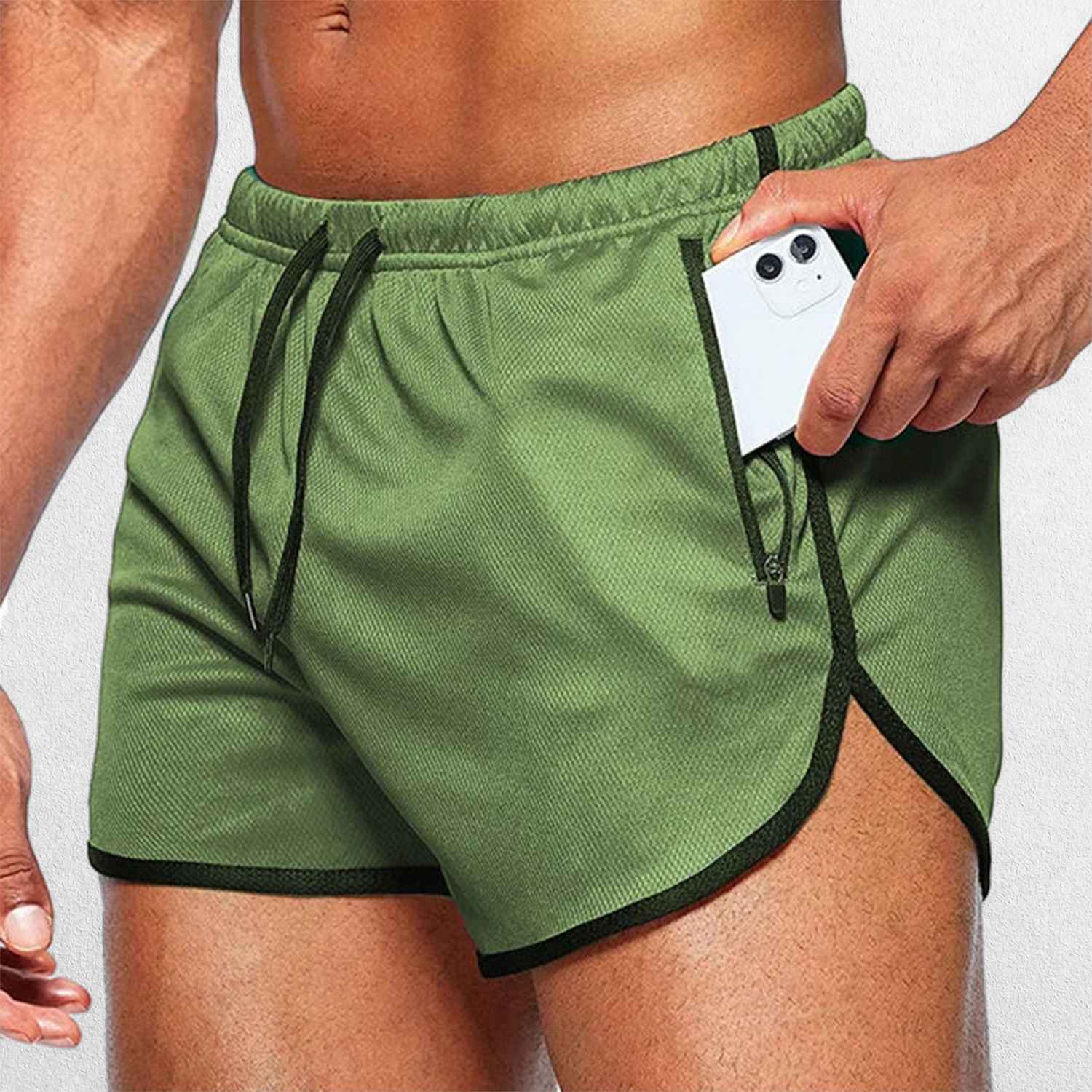 Close-up of Moss Green GPW Men’s Running Shorts with Zipper Pockets for all the  Essentails