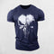 Front View of  Navy Blue Men's Stylish O-Neck Short Sleeve Gym T-shirt with 3D Punisher Skull Print Design