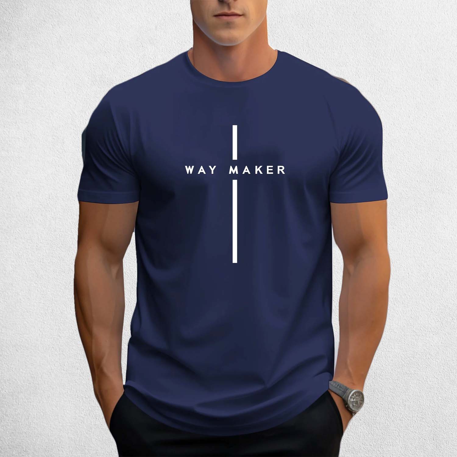Front View of Model Wearing Navy Blue Men's Way Maker Graphic Tee - 100% Cotton, Casual Crewneck T-Shirt with Geometric Design 