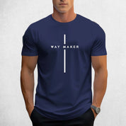 Front View of Model Wearing Navy Blue Men's Way Maker Graphic Tee - 100% Cotton, Casual Crewneck T-Shirt with Geometric Design 