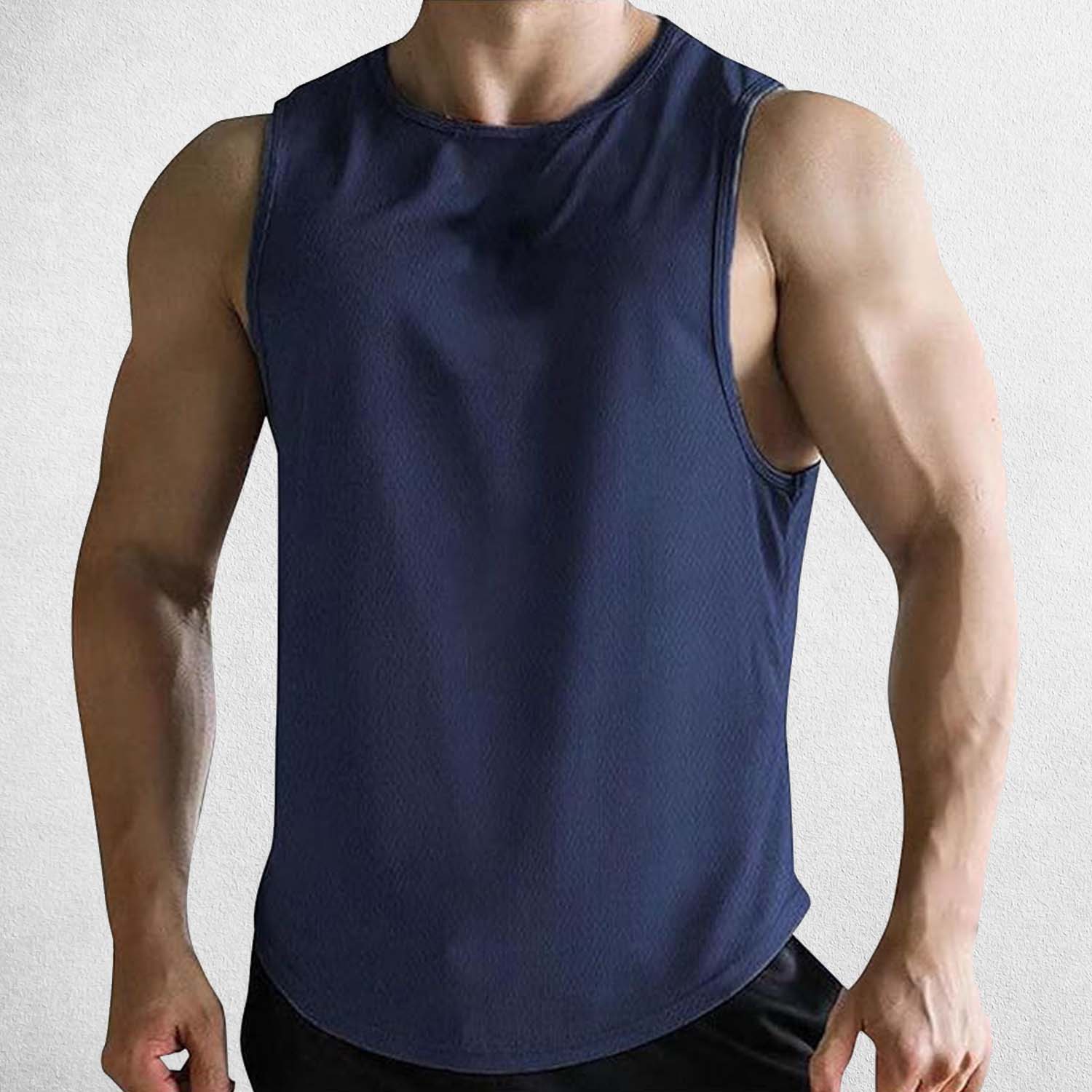 Model wearing navy Quick-Dry Sleeveless Gym Shirt for Fitness & Training