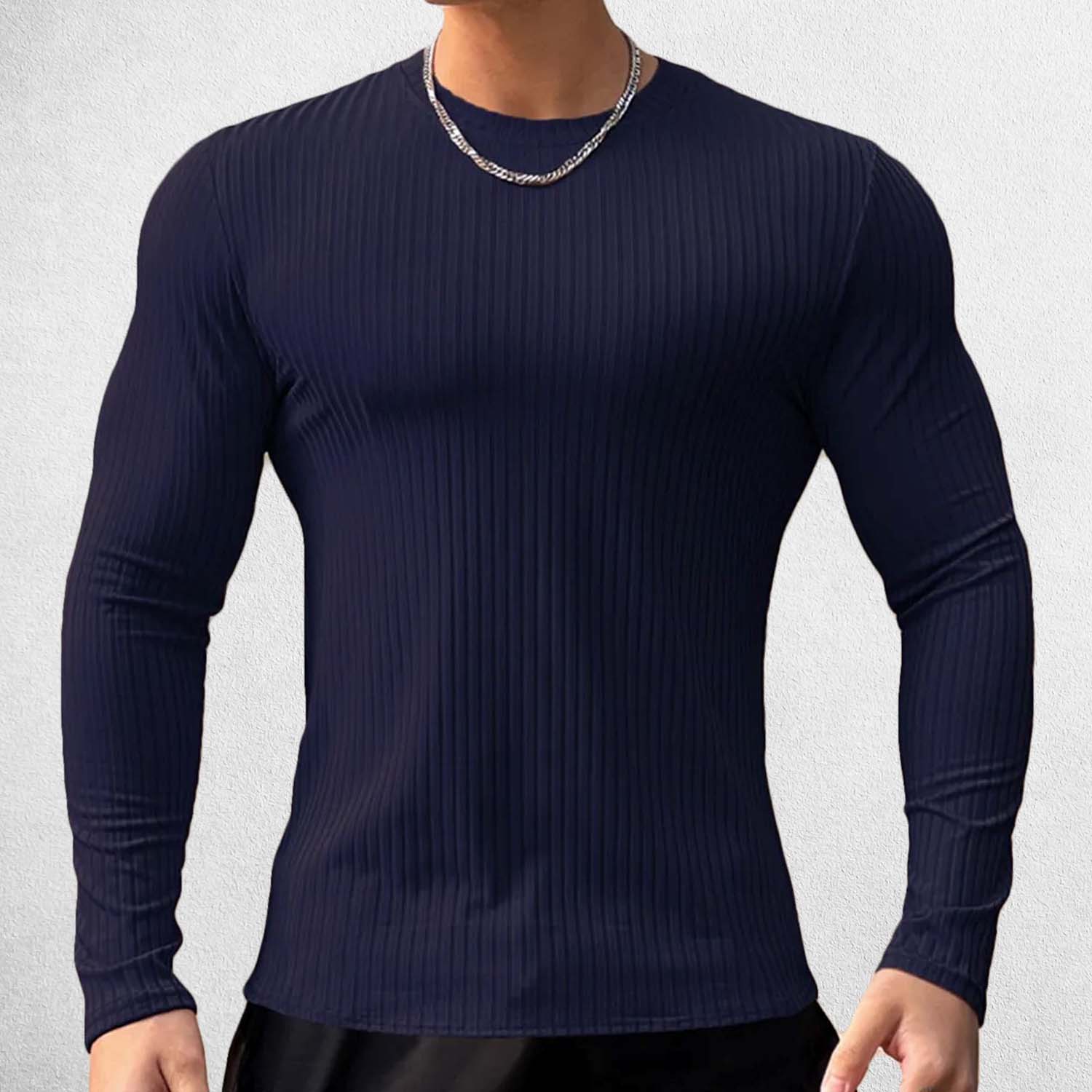 Front View of Model Wearing Navy Men’s Solid Color Slim Fit Striped Gym & Casual Long-Sleeve Shirt – Quick-Dry, Breathable Performance Wear