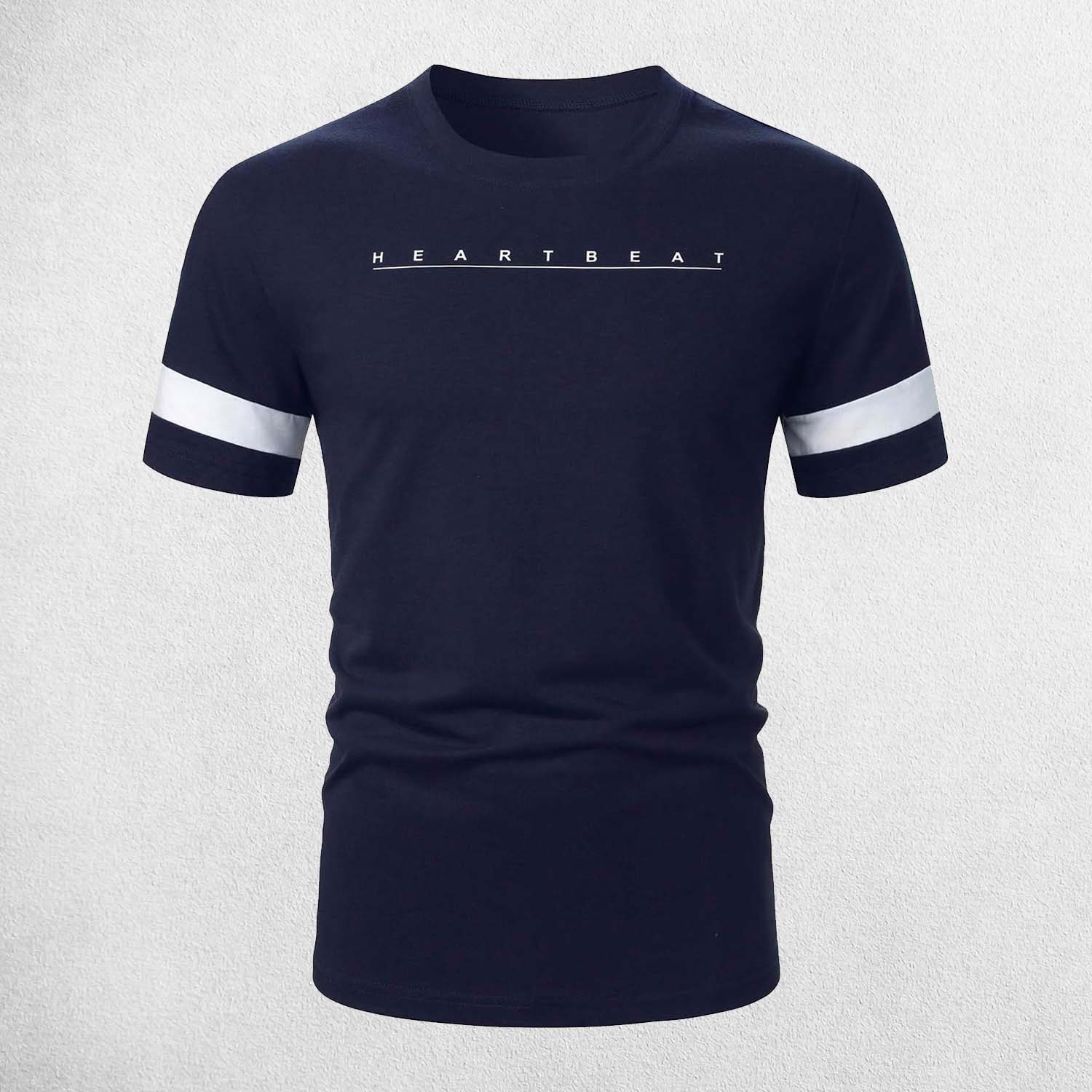 Navy Men’s breathable summer t-shirt with printed design in a studio background