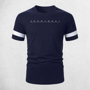 Navy Men’s breathable summer t-shirt with printed design in a studio background