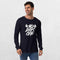 Model wearing the Navy No Days Off Unisex Long Sleeve Tee - Versatile Athletic and Casual Wear with jeans in studio background.
