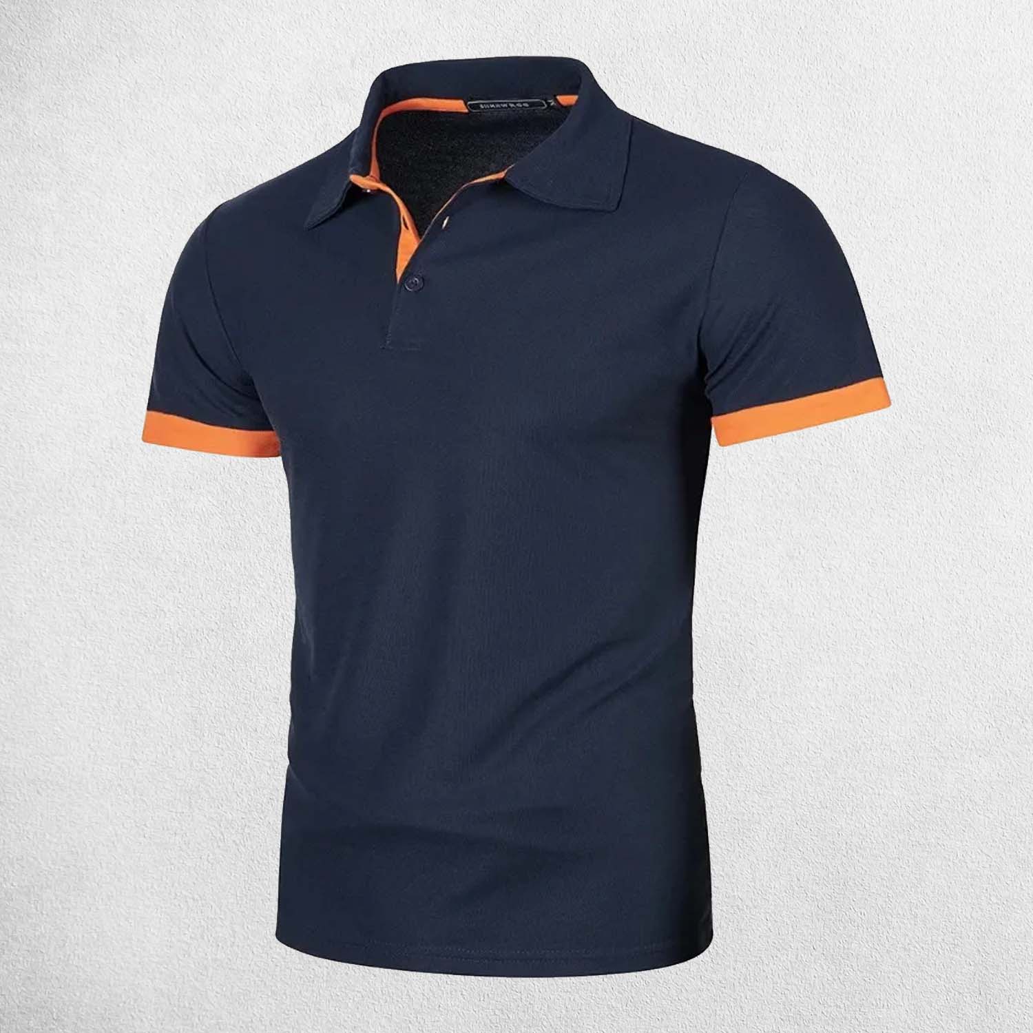 Front view of NAvy Orange men’s lightweight polo shirt in solid color