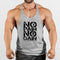 Model posing in No Pain No Gain Men’s Gym Vest in grey, highlighting breathable fabric and sporty look.