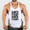 Model wearing No Pain No Gain Men’s Gym Vest in white, showcasing bold graphic design and athletic fit.