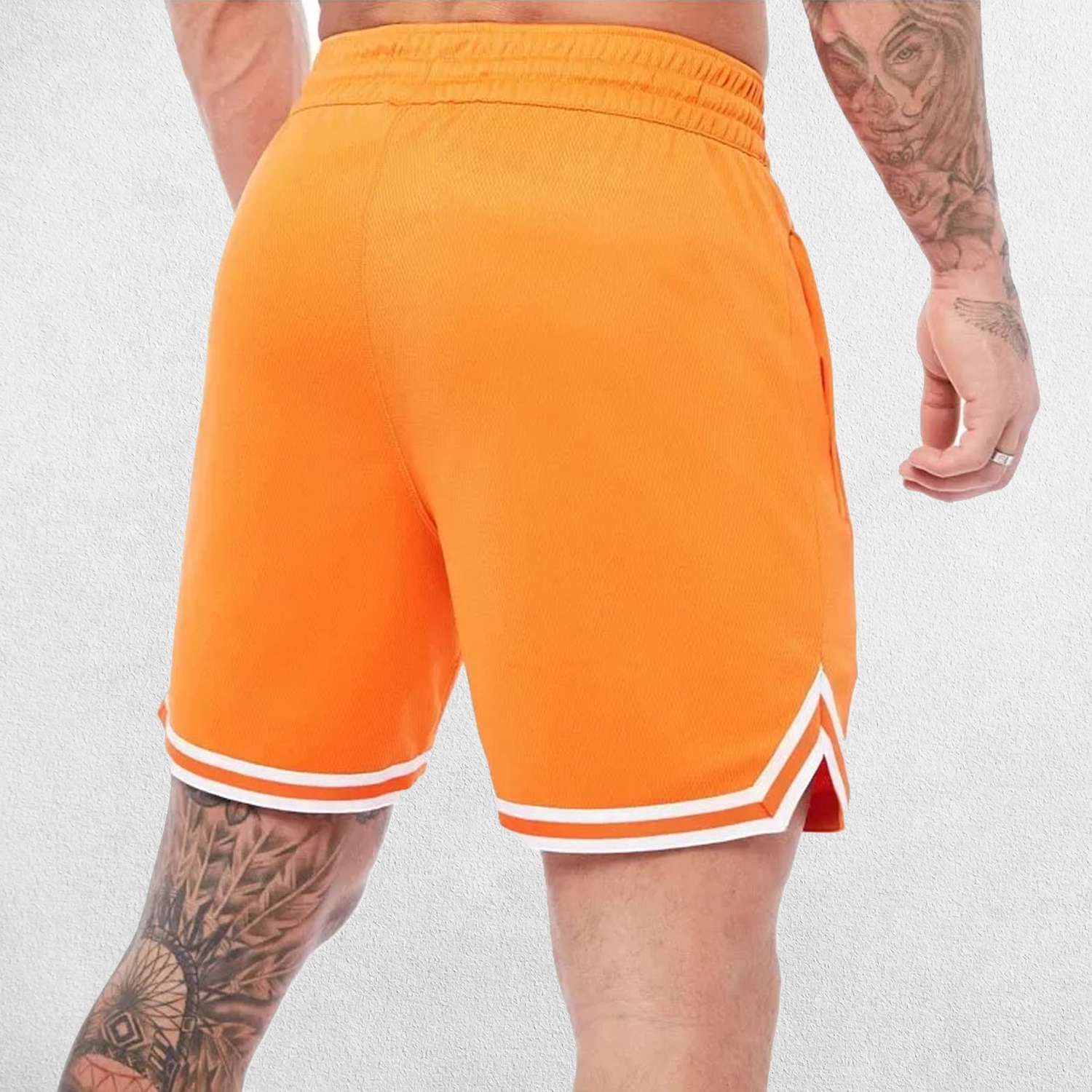 Back Sde Close-up of Orange GPW Men's Quick-Dry Gym Shorts - Summer Fitness and Sportswear in a studio background