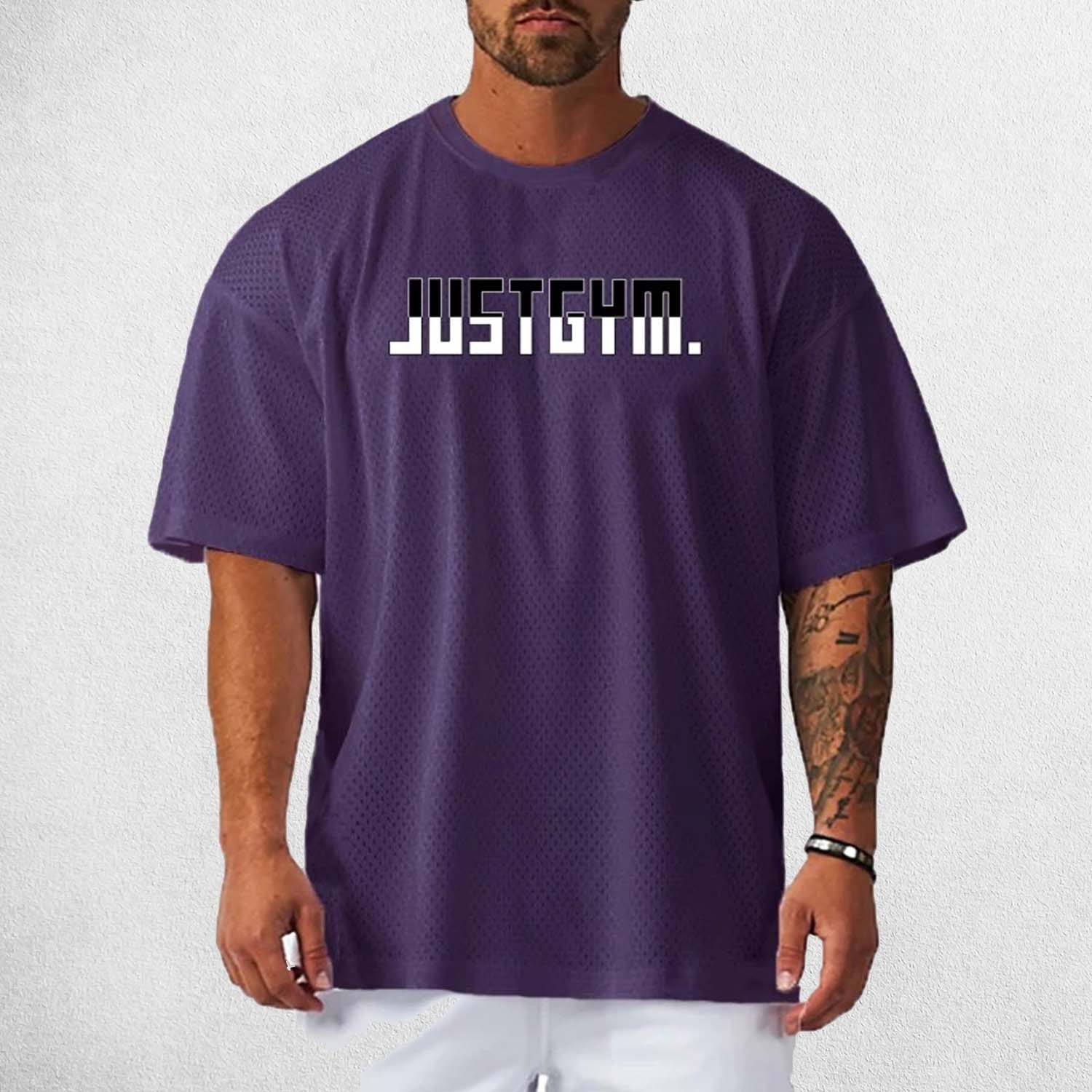Front View of Model Wearing Purple Men’s Short Sleeve Quick Dry Oversized Mesh Gym T-Shirt – Breathable, Quick-Dry Fitness Tee