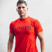 Model Wearing Red Black Men’s Muscle Slim Fit Cotton Stretch T-Shirt for Gym, Workout & Casual Wear