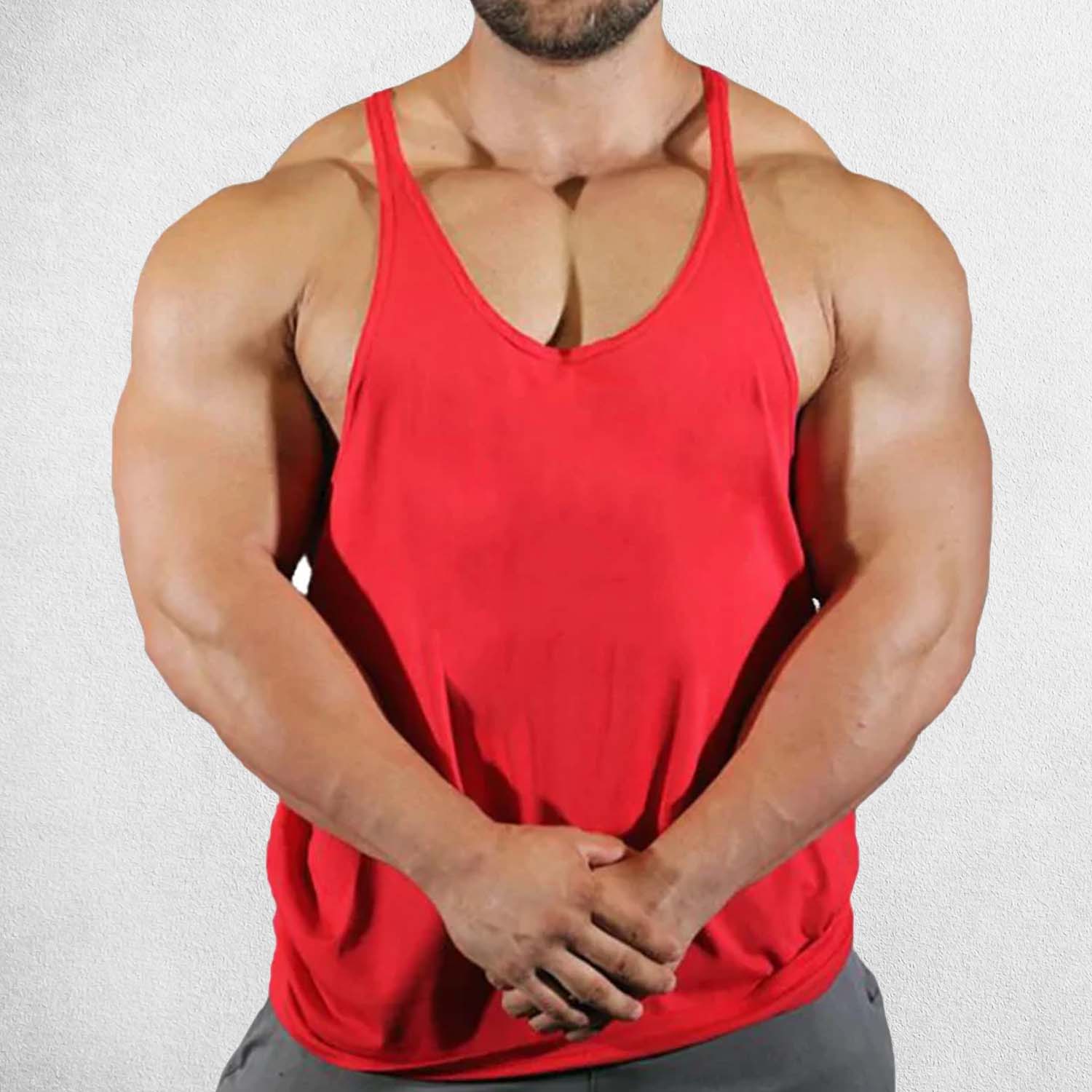 Front View of Model Wearing Red Men's Solid Color Cotton Y-Back Sleeveless Tank Tops for Gym Muscle Training & Athletic Workout