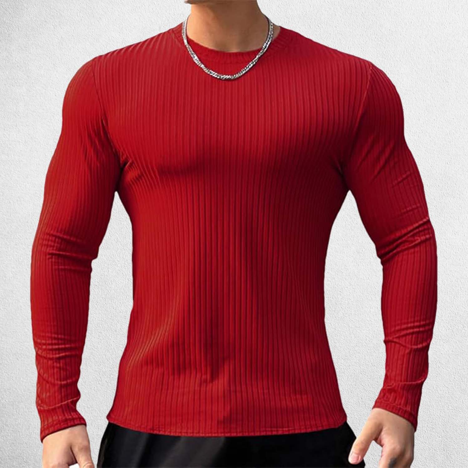 Front View of Model Wearing Red Men’s Solid Color Slim Fit Striped Gym & Casual Long-Sleeve Shirt – Quick-Dry, Breathable Performance Wear