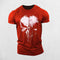 Front View of Red Men's Stylish O-Neck Short Sleeve Gym T-shirt with 3D Punisher Skull Print Design