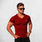 Model Wearing Red Men’s Summer Sports Fitness V-Neck Quick-Drying Breathable Striped T-Shirt with Floral Pattern in a studio background