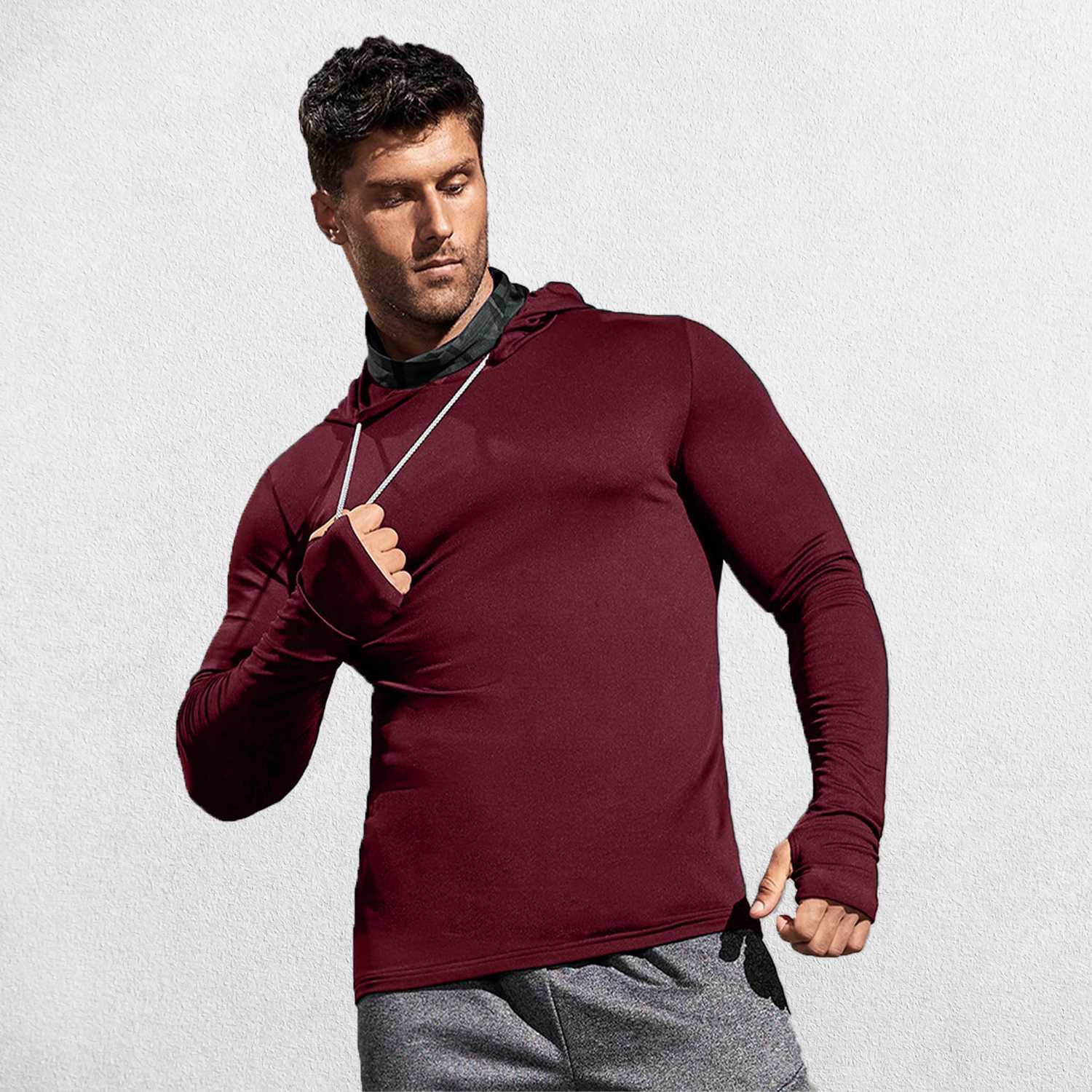 Model wearing Red Men’s Sun Protection Hooded Shirt - UV-Resistant Outdoor Activewear