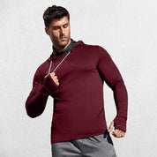Model wearing Red Men’s Sun Protection Hooded Shirt - UV-Resistant Outdoor Activewear