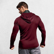 Back of Model wearing Red Men’s Sun Protection Hooded Shirt - UV-Resistant Outdoor Activewear