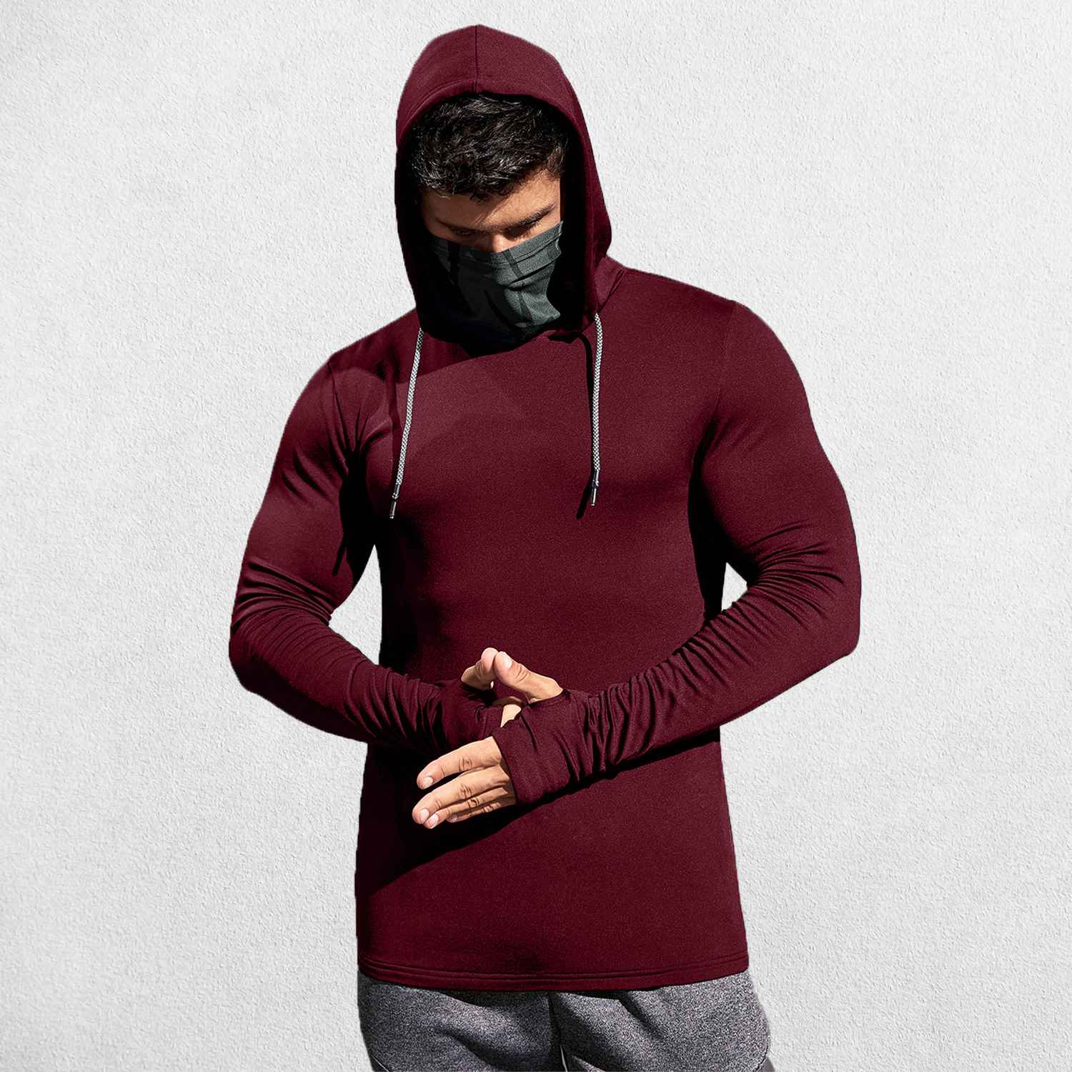 Model wearing Red Men’s Sun Protection Hooded Shirt - UV-Resistant Outdoor Activewear