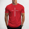Front View of Model Wearing Red Men's Way Maker Graphic Tee - 100% Cotton, Casual Crewneck T-Shirt with Geometric Design