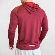 Back Close-up of Red Stylish Men's Athletic Slim Fit Long Sleeve Hooded Gym Shirt