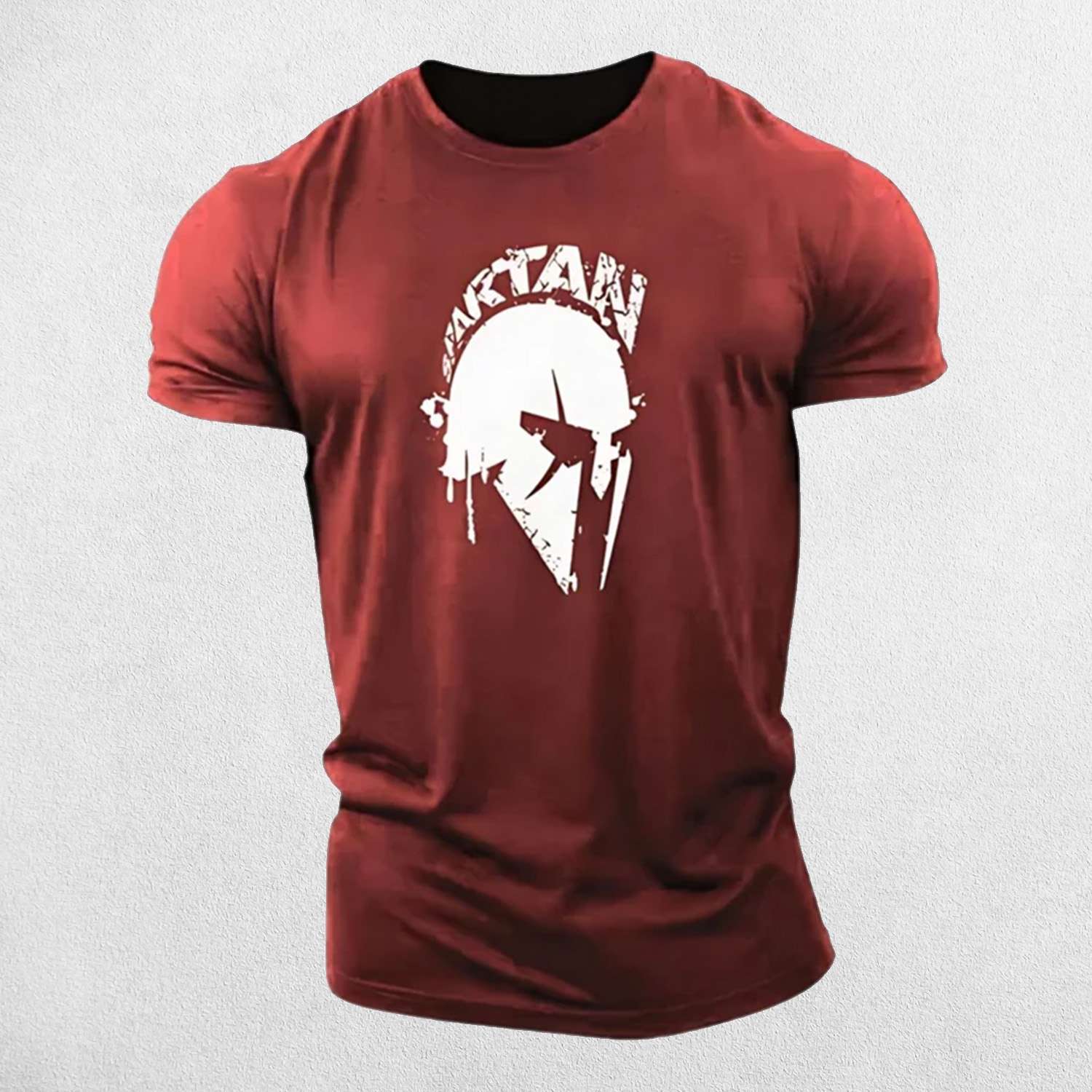 Close-up of Red Vintage Spartan Print Men's Oversized T-Shirt - Breathable Cotton Blend