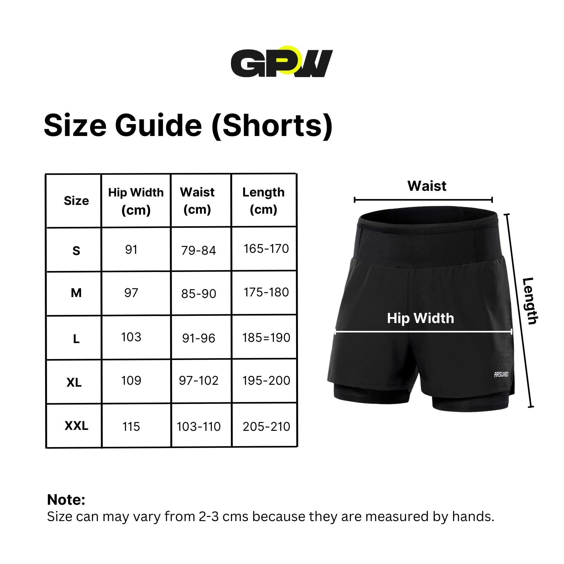 Size Chart for Men’s Breathable 2-in-1 Gym Shorts with Zipper Pockets & Drawstring Fit