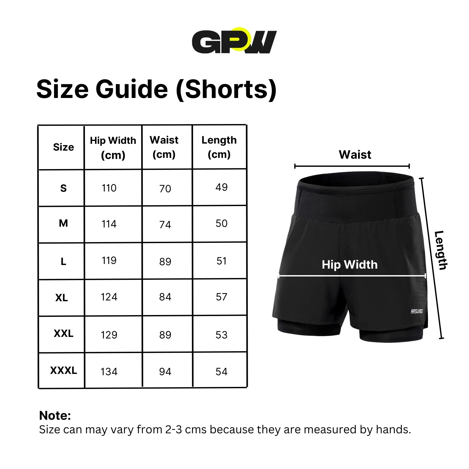 Size Guide for GPW Men's Stylish Polyester Athletic Shorts with Elastic Waist for Casual and Sportswear