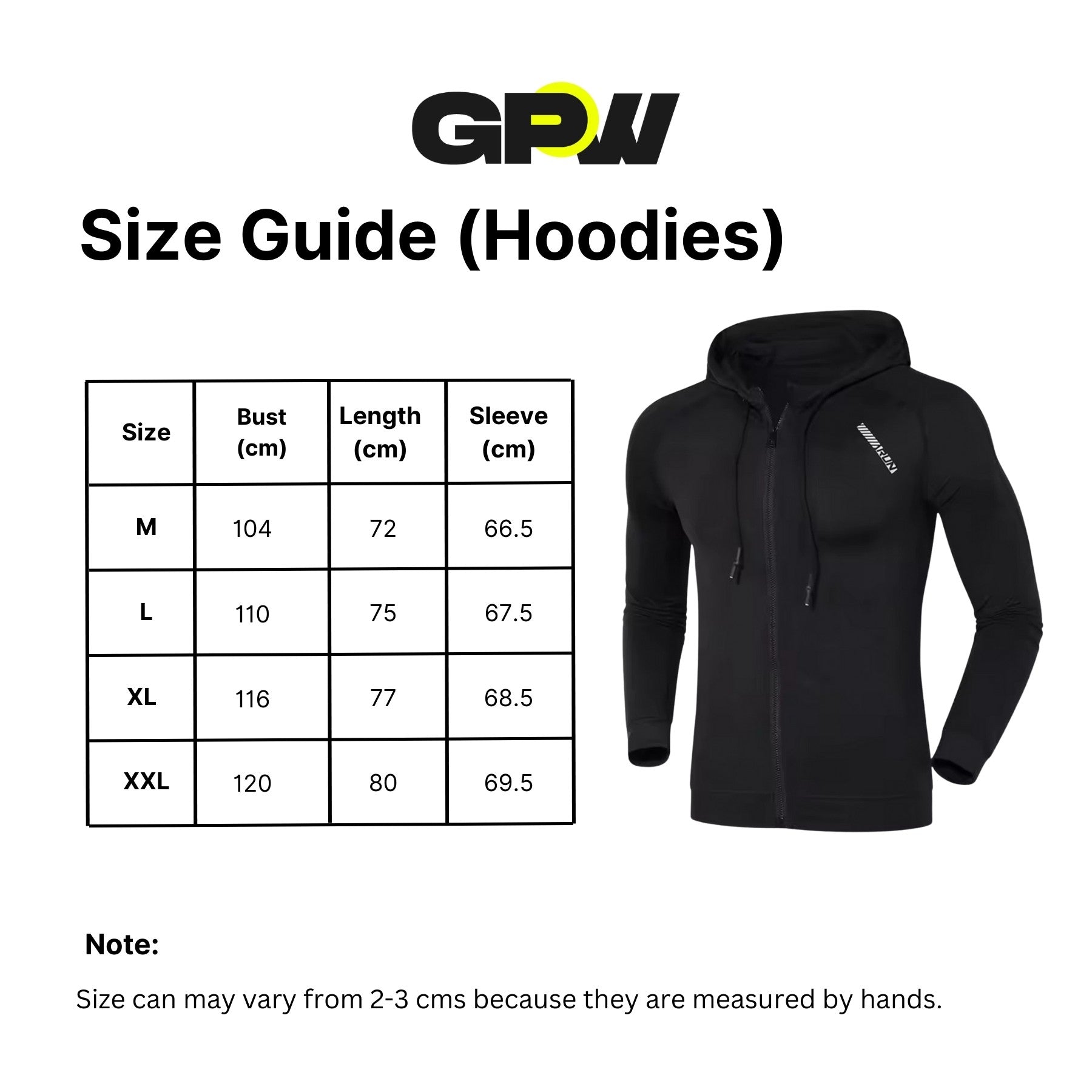 Size Guide for Plain Cotton Activewear Long Sleeve Slim Fit Men's Hooded Shirt