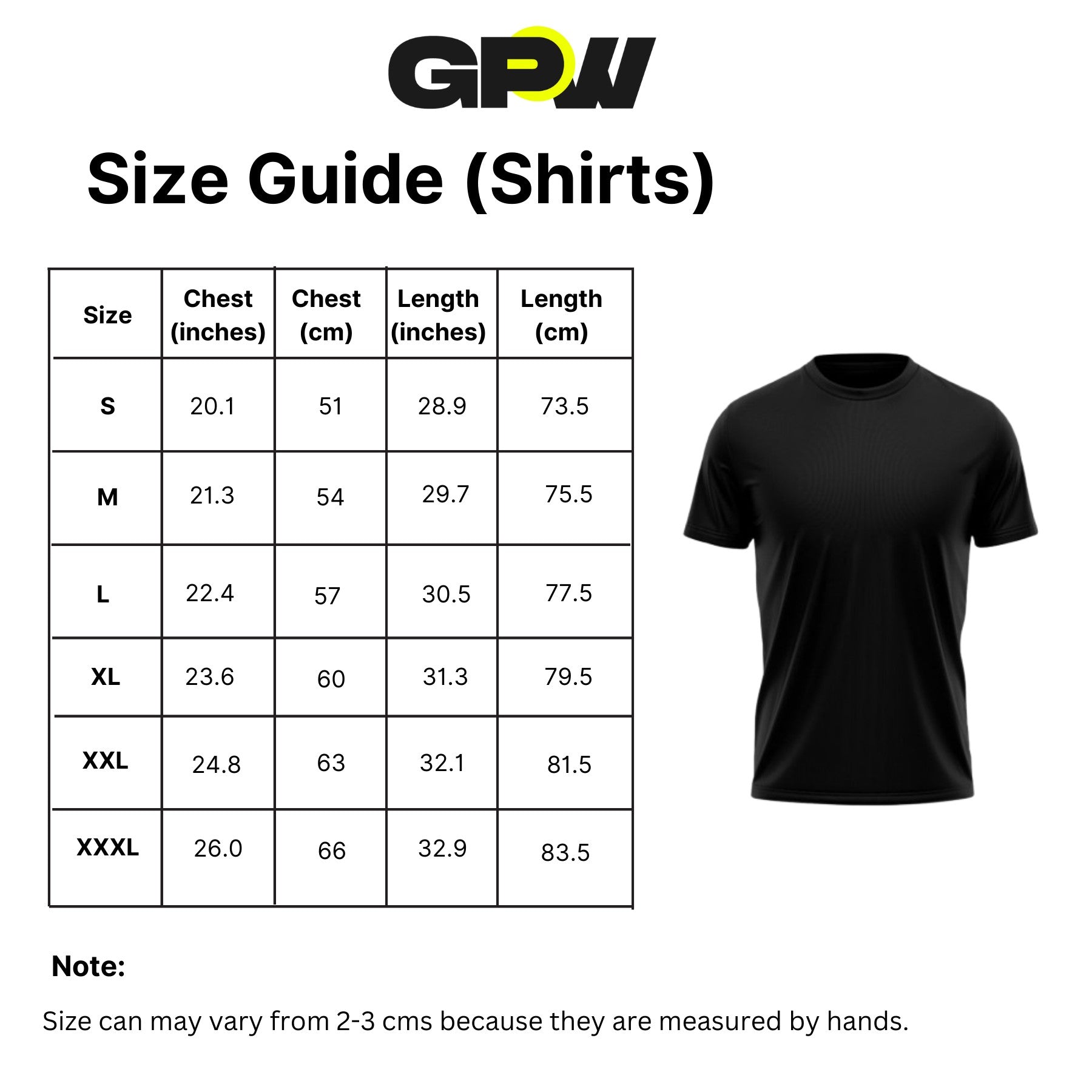 Size chart for GPW Performance Long-Sleeved Gym Shirt for Active Training Light Grey