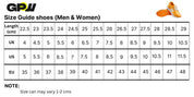 GPW Professional Squat Hard Pull Shoes - Powerlifting and Deadlift Footwear Size chart