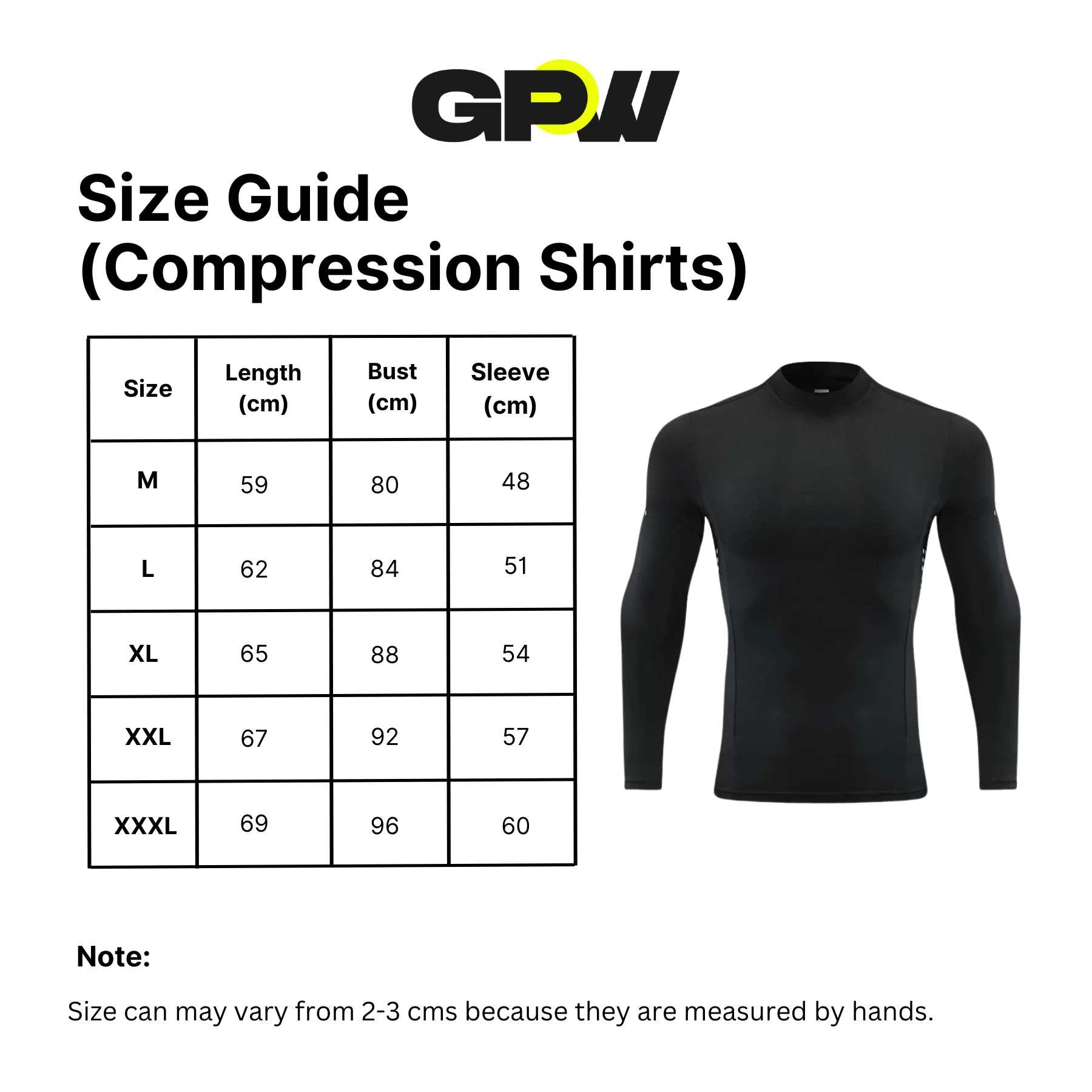 Size guide for Men’s Long Sleeve Compression Shirt – Quick-Dry Athletic Training Tee