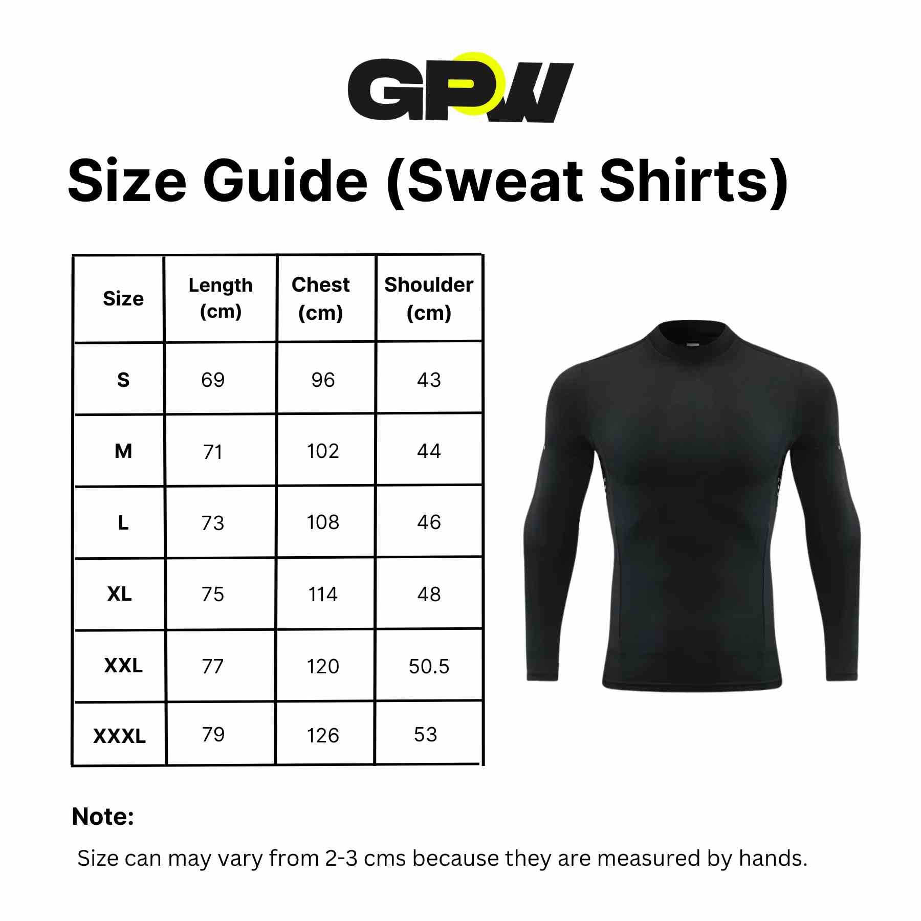 Size guide for Men's Thermal Zip Pullover – Breathable Athletic Sweatshirt for Gym, Running & Outdoor Sports