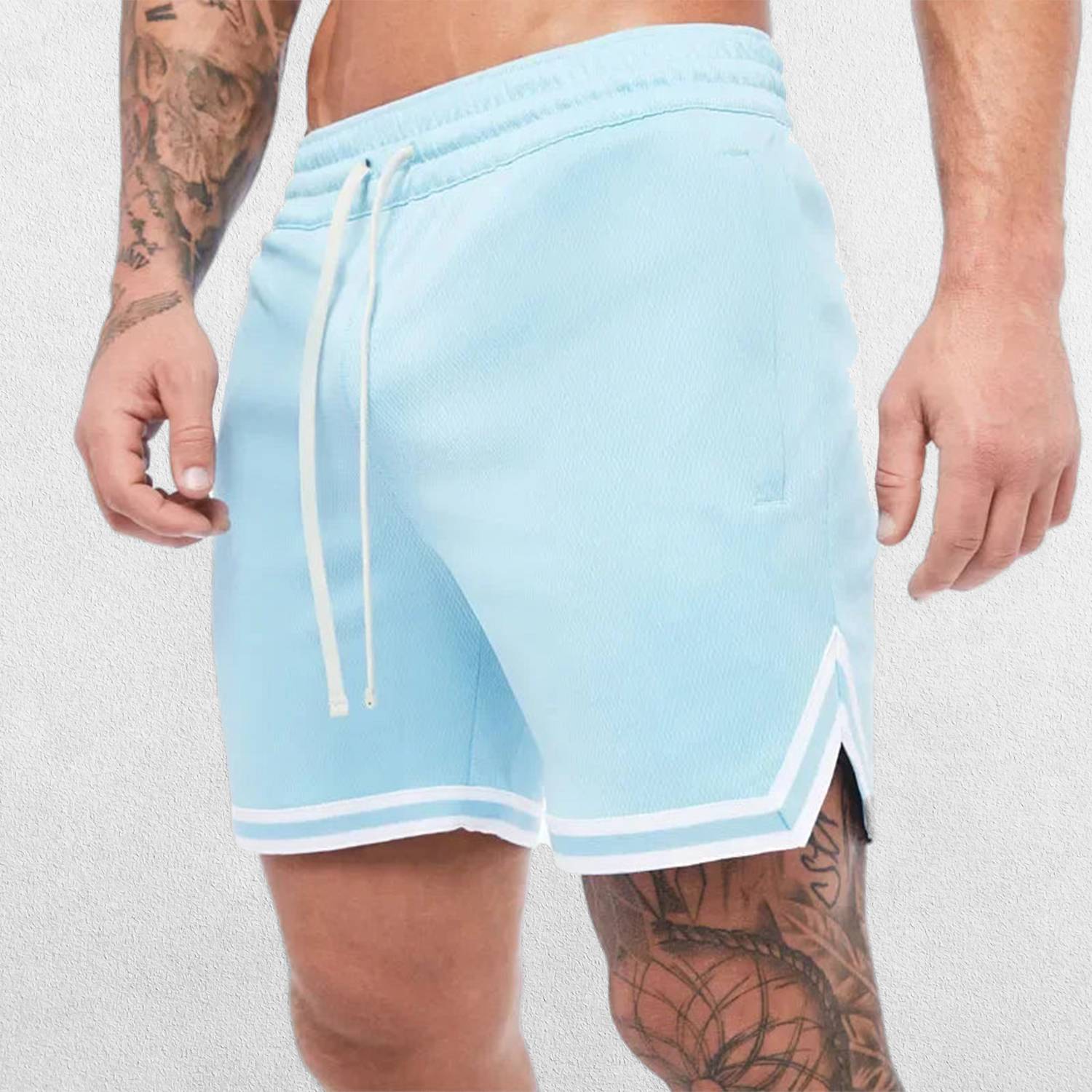 Close-up of Sky Blue GPW Men's Quick-Dry Gym Shorts - Summer Fitness and Sportswear in a studio background
