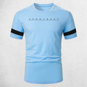 Close up of front of Sky Men's Summer Letter Graphic Crew Neck Fitness Tee Shirts– Breathable, Quick-Dry, Casual Short Sleeve Tee