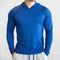 Front Close-up of Blue Stylish Men's Athletic Slim Fit Long Sleeve Hooded Gym Shirt