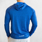 Back Close-up of Blue Stylish Men's Athletic Slim Fit Long Sleeve Hooded Gym Shirt