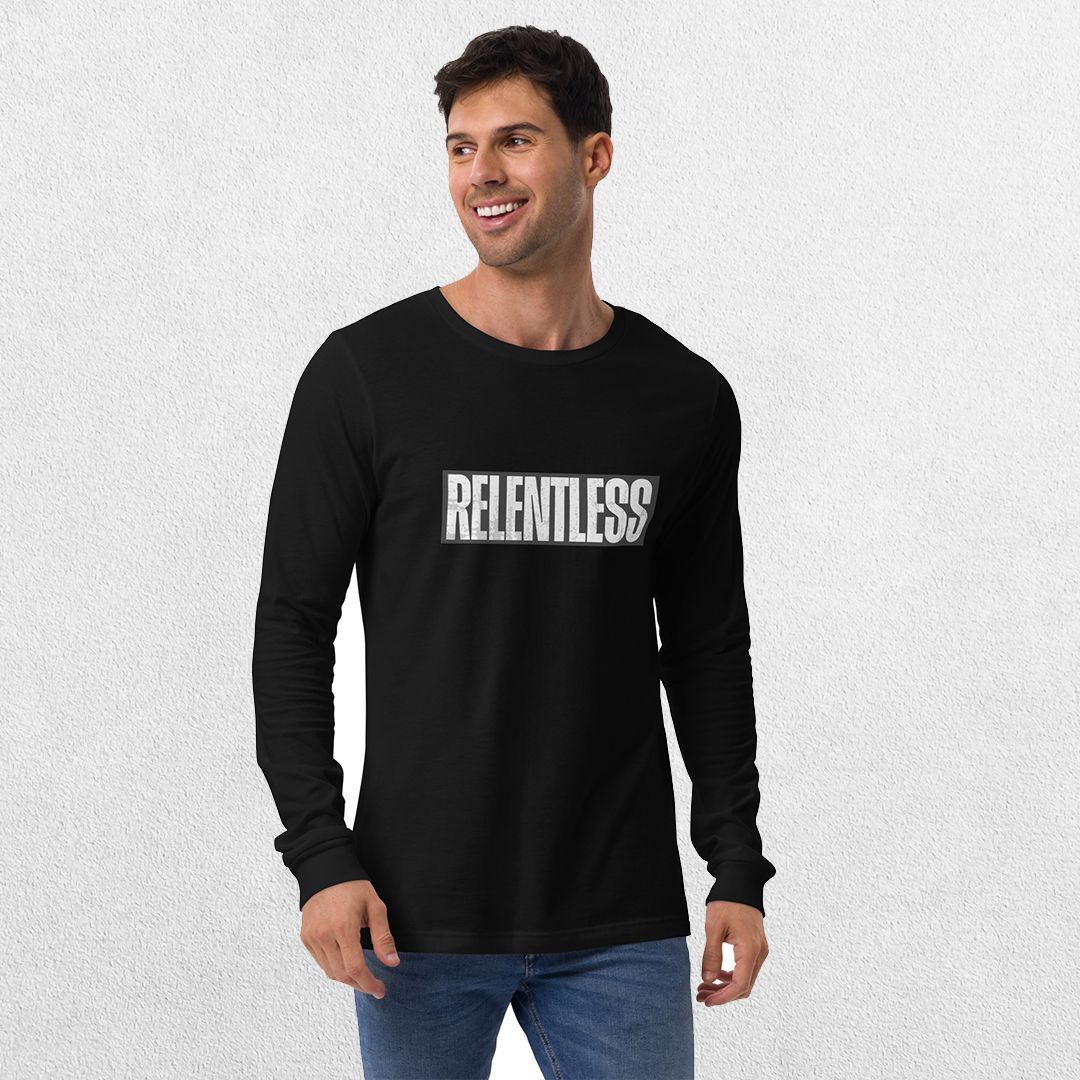 Model wearing Black long sleeve tee with jeans.