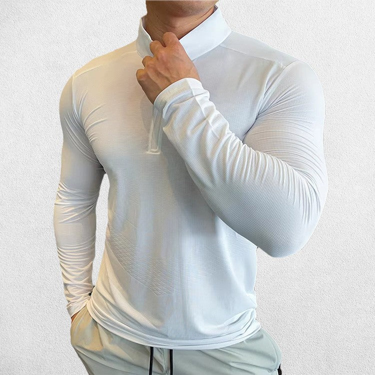 Front Pose of Model wearing White Men's Activewear Sweat-Wicking High Collar Compression Top with Long Sleeves