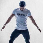 Close-up of White Black breathable cotton stretch fabric in men’s gym t-shirt