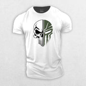 Close-up of White GPW Mens Short Sleeve 2D Skull Cotton T-Shirt For Gym And Casual Style in a studio background
