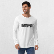 Model wearing the White GPW Unisex Long Sleeve Tee with Unstoppable Design with jeans.